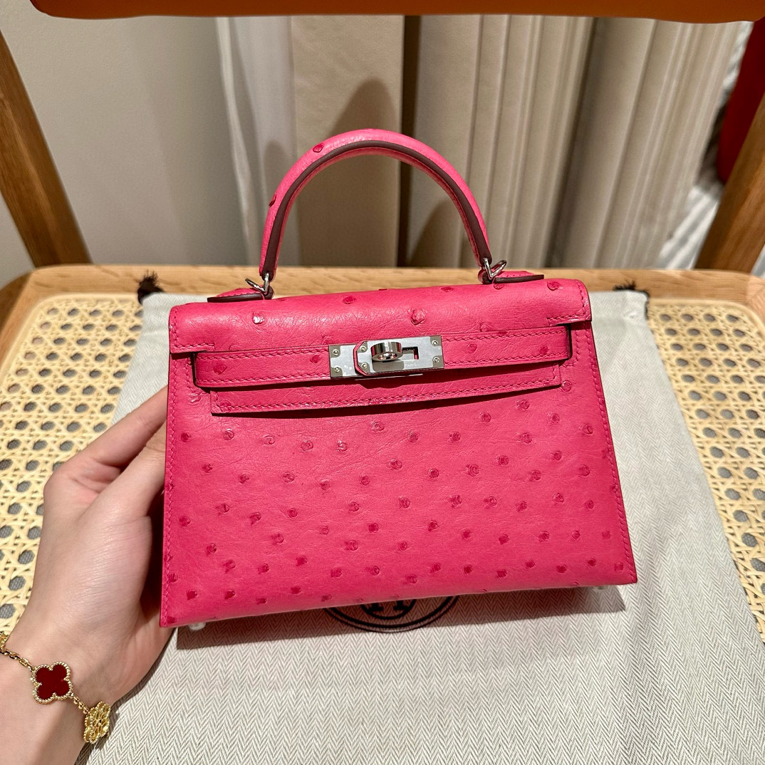 에르메스 Hermes Mini Kelly 19cm KK ostrich E5 Rose Tyrien/silver