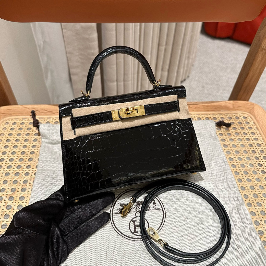에르메스 Hermes Mini Kelly 19cm Lisse Alligator 89 Noir/gold