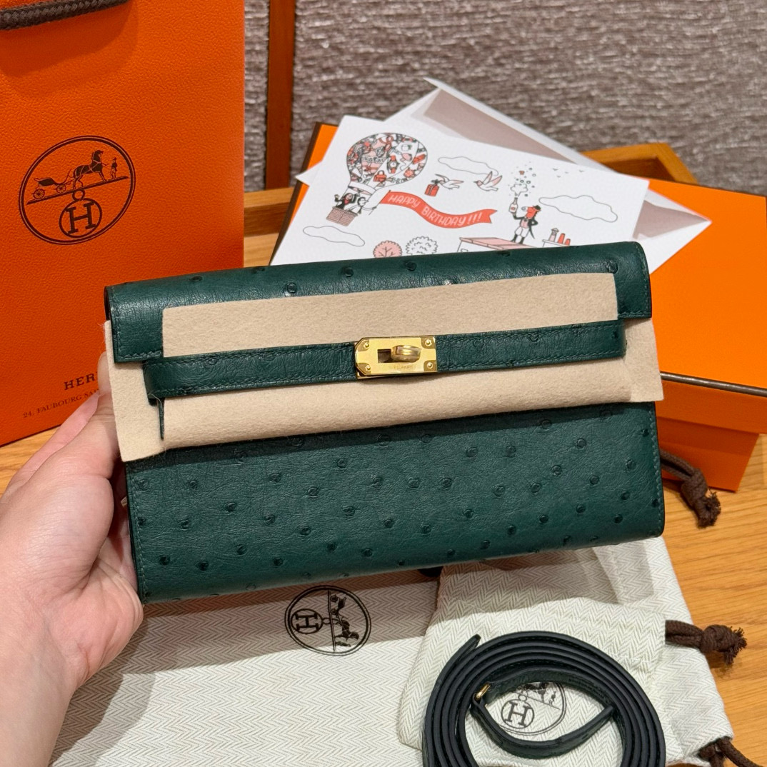 에르메스 Hermes  Kelly to go 19cm KK ostrich imported Z6 Malachite/gold