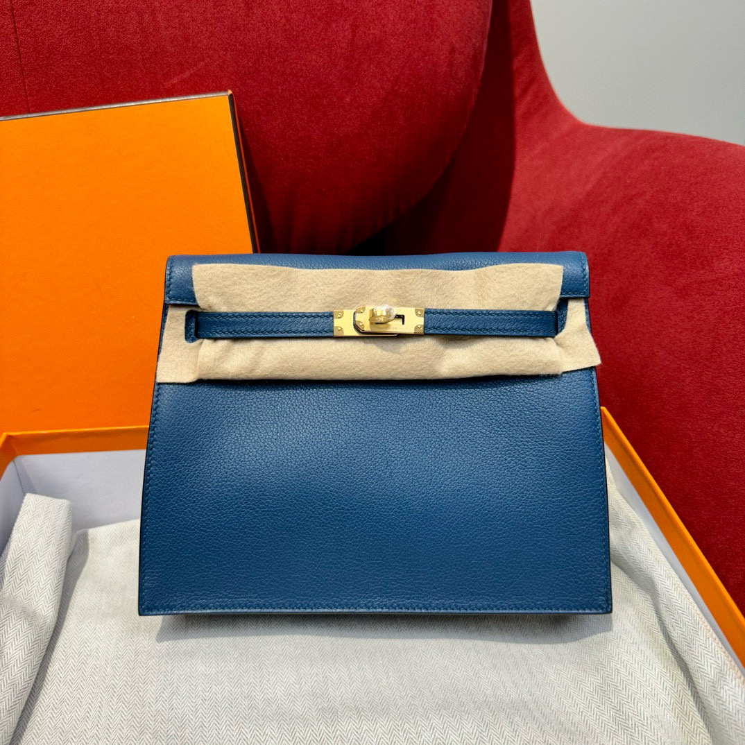에르메스 Hermes Kelly danse 22cm evercolor S4 Deep blue/gold