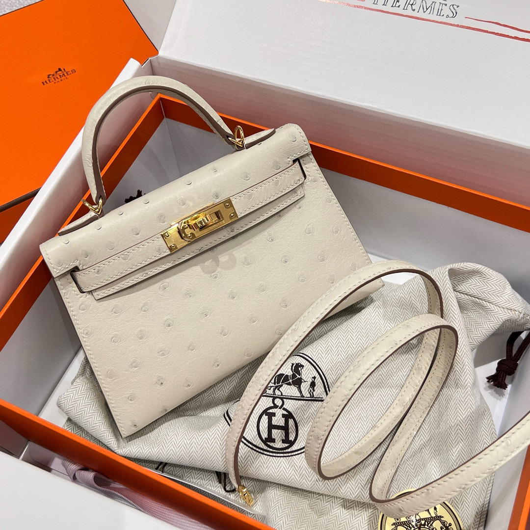 에르메스 Hermes Kelly 25cm KK ostrich 10 Craie/gold