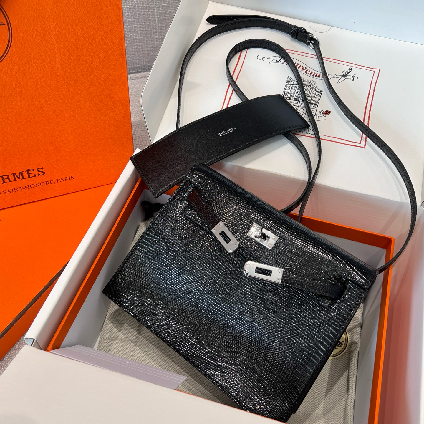 에르메스 Hermes Kelly danse Lizard 89 Noir/silver
