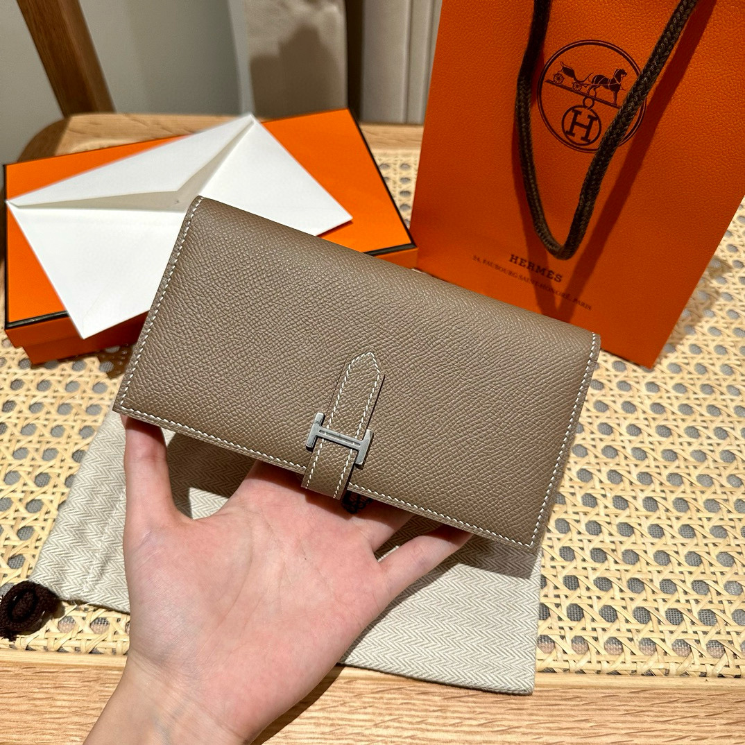 에르메스 Hermes Bearn wallet Soufflet 17.5cm Epsom 18 Etoupe/silver
