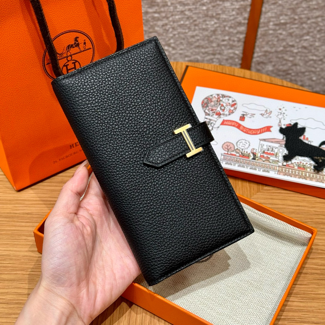 에르메스 Hermes Bearn wallet Soufflet 17.5cm Togo 89 Noir/gold