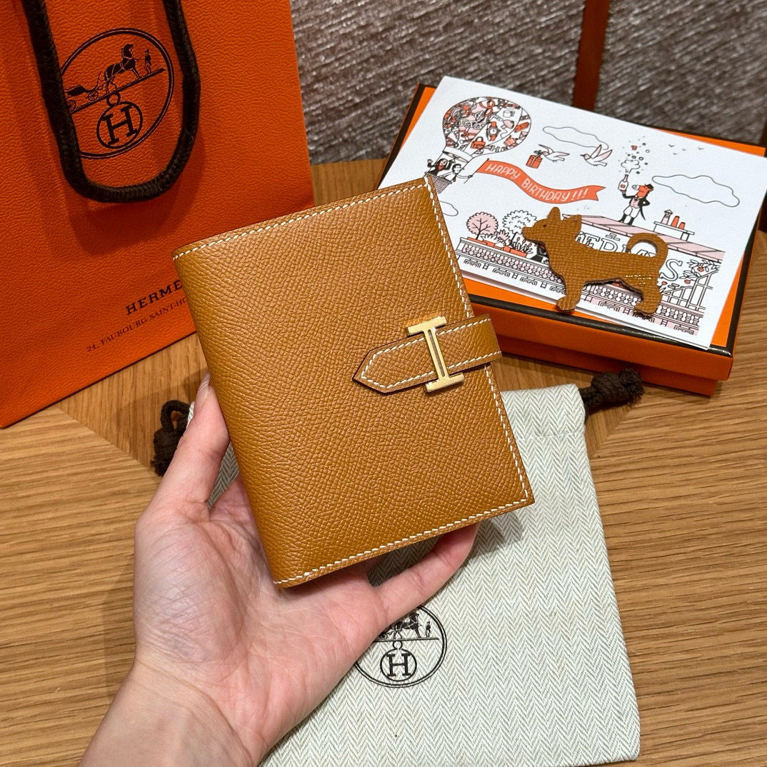 에르메스 Hermes Bearn Compact wallet 12cm Epsom 1H Toffee/gold