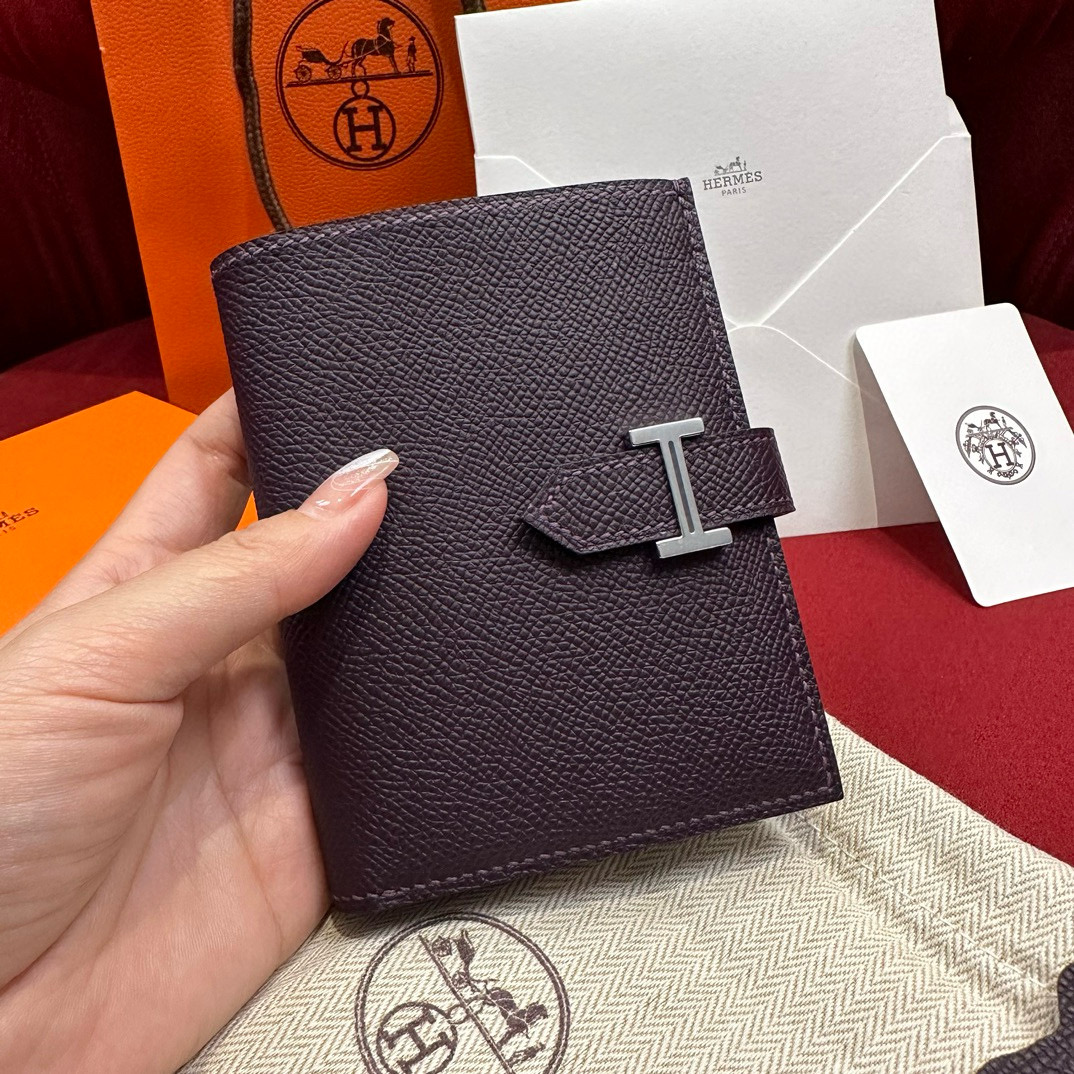 에르메스 Hermes Bearn Compact wallet 12cm Epsom 59 Raisin/silver
