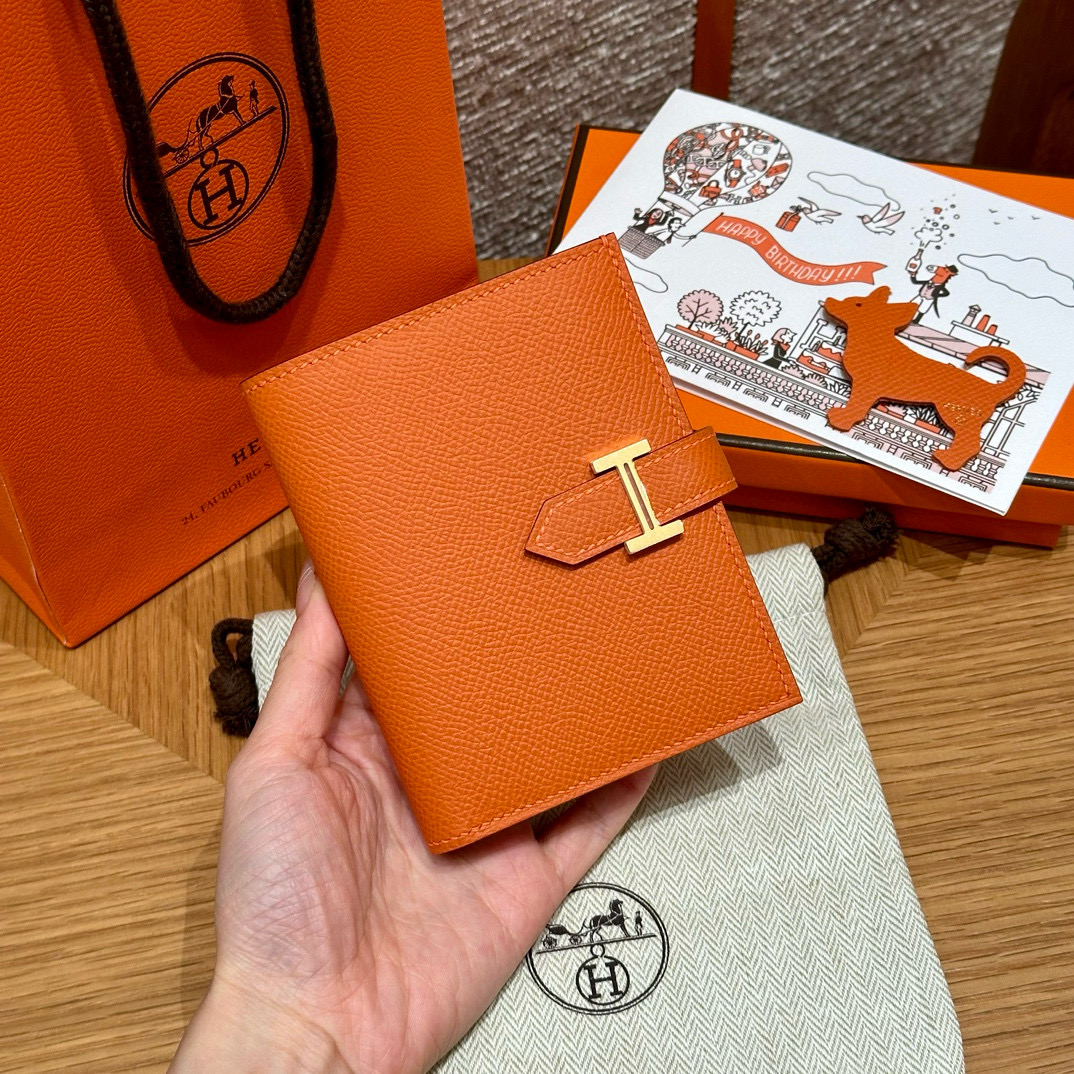 에르메스 Hermes Bearn Compact wallet 12cm Epsom 93 Orange/gold