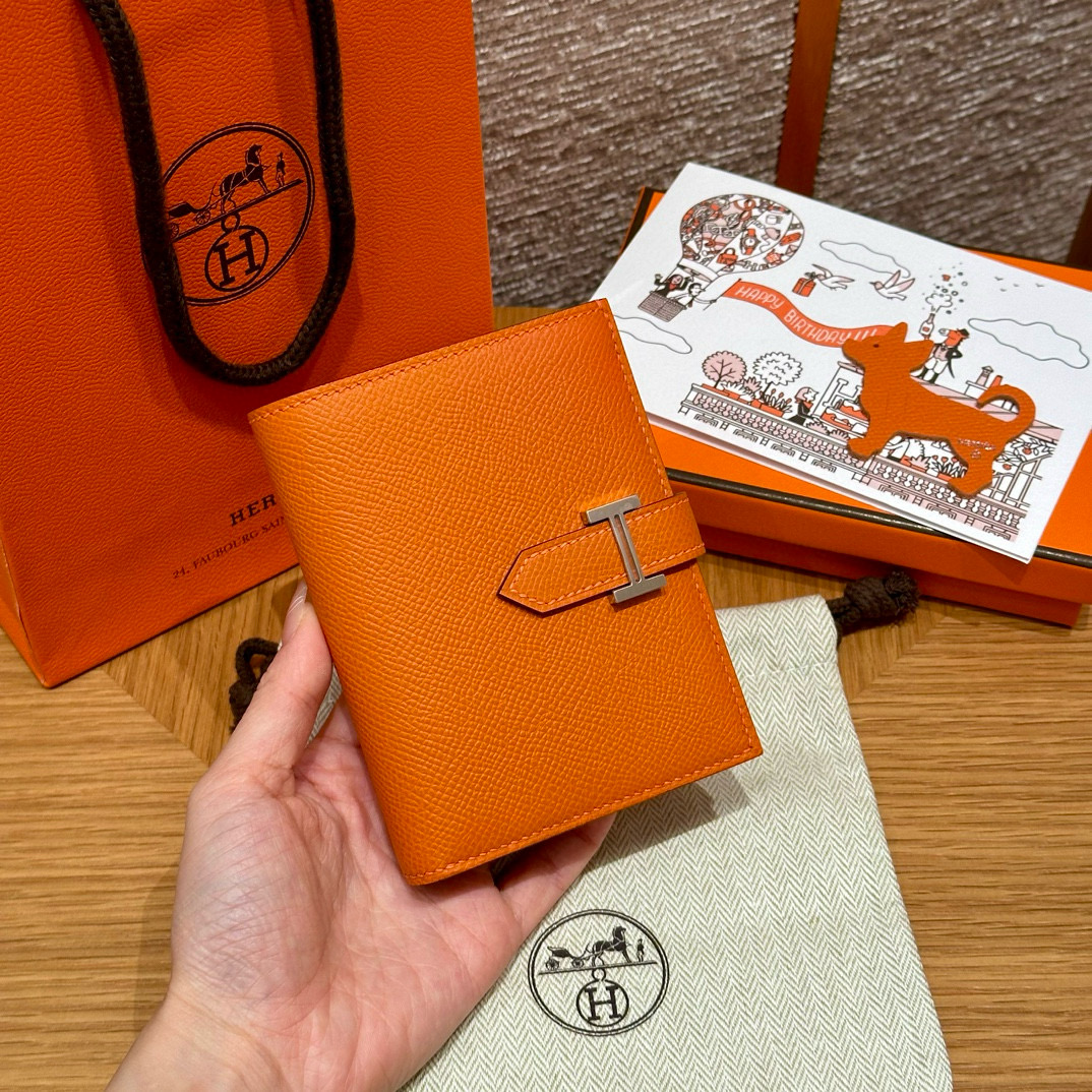 에르메스 Hermes Bearn Compact wallet 12cm Epsom 93 Orange/silver
