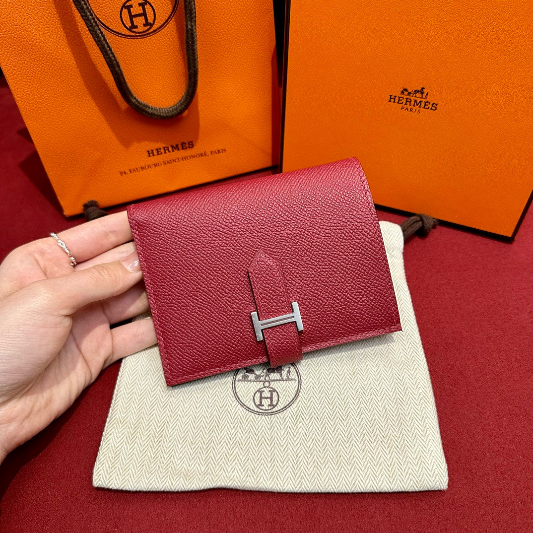 에르메스 Hermes Bearn Compact wallet 12cm Epsom K1 Rouge grenat/silver