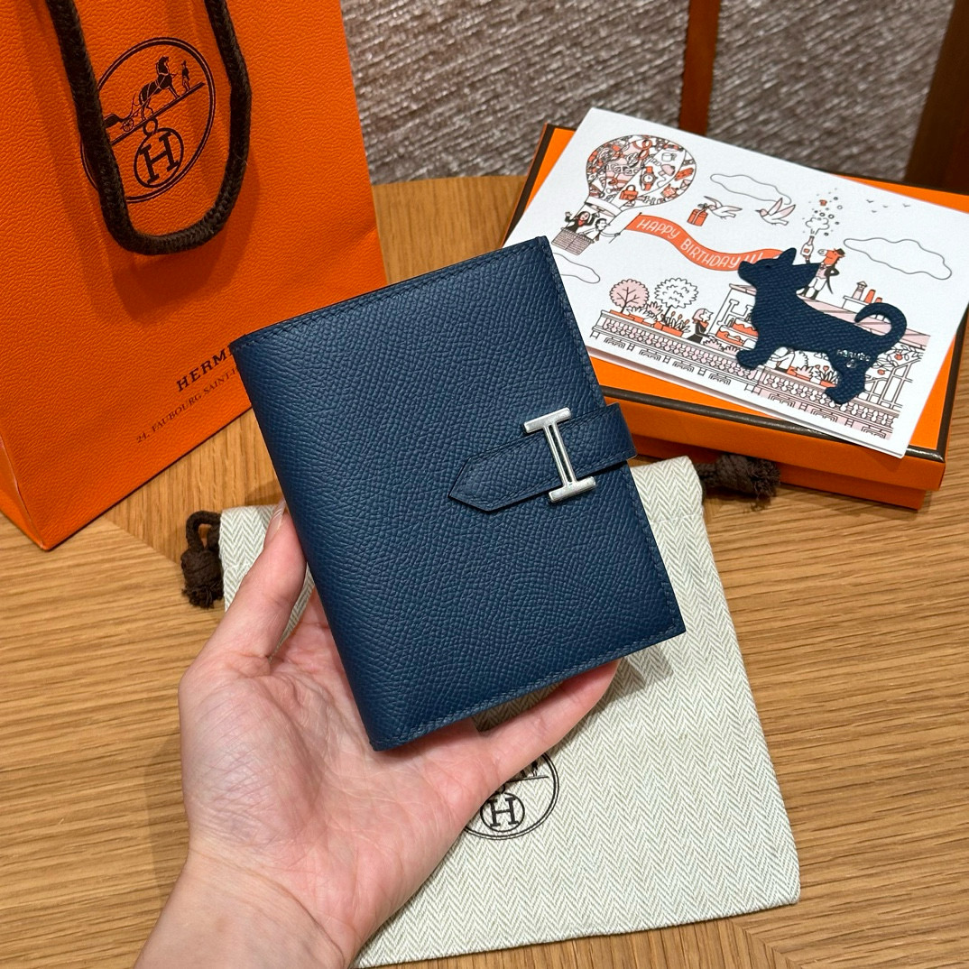 에르메스 Hermes Bearn Compact wallet 12cm Epsom S4 Deep Blue/silver