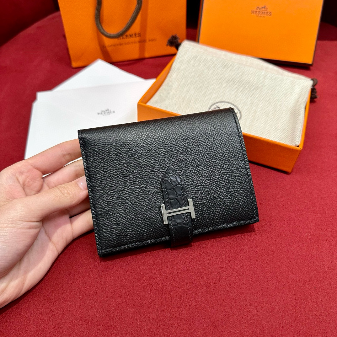 에르메스 Hermes Bearn Touch 12cm Epsom and Alligator 89 Noir/silver