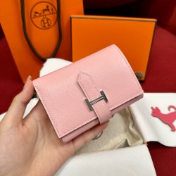 에르메스 Hermes Bearn combine wallet 11cm Chevre 3Q Rose Sakura/silver