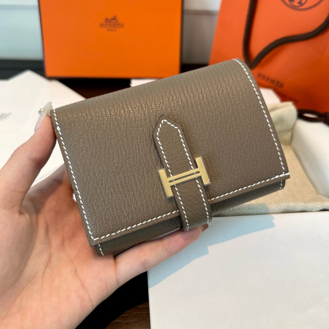 에르메스 Hermes Bearn combine wallet 11cm Chevre 18 Etoupe/gold
