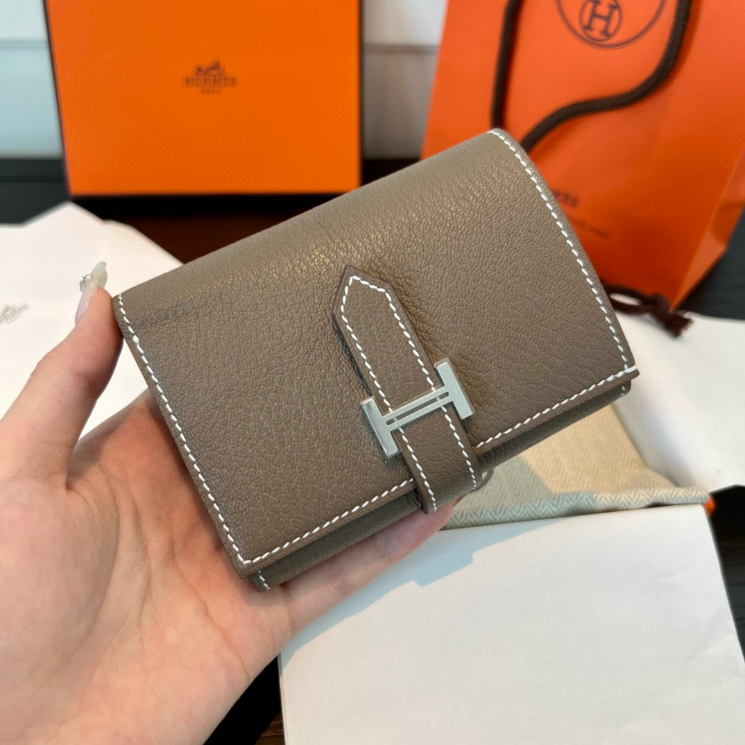 에르메스 Hermes Bearn combine wallet 11cm Chevre 18 Etoupe/silver