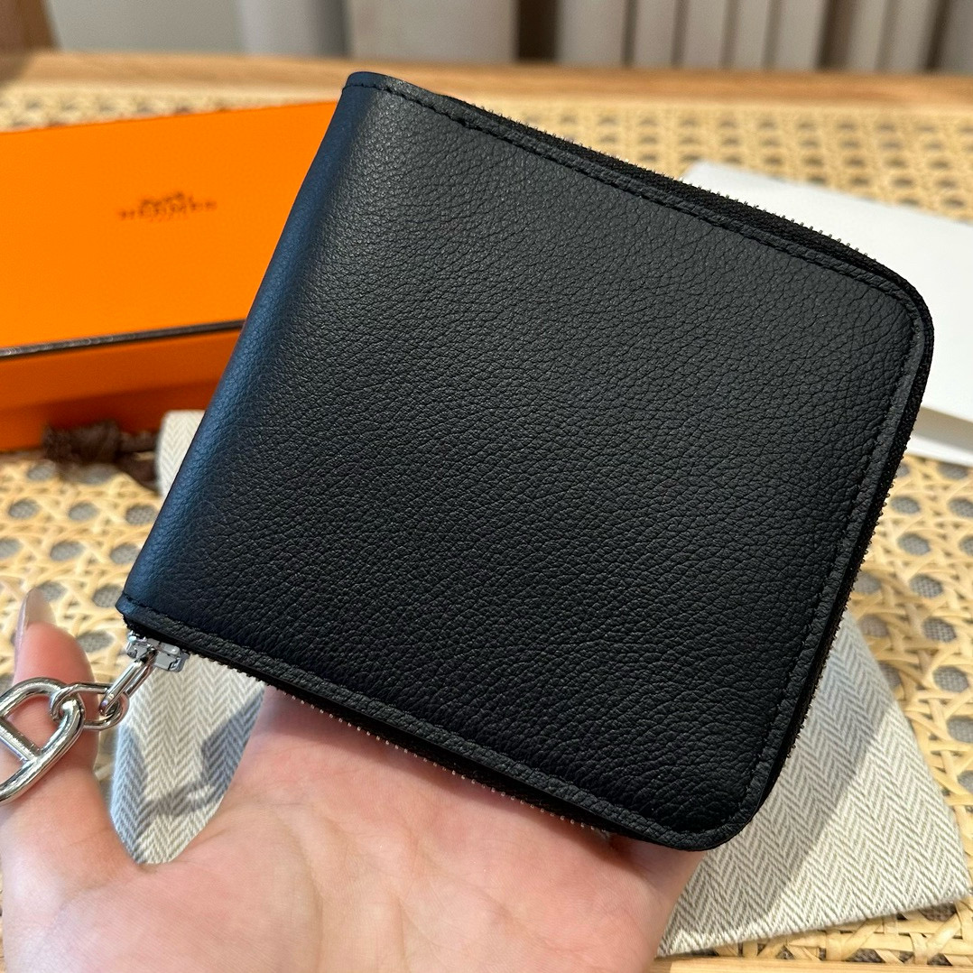에르메스 Hermes Zipengo II Chaine d'Ancre Wallet 12cm Evercolor 89 Noir/sliver
