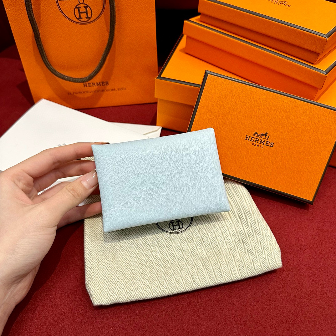 에르메스 Hermes Calvin duo Card Holder 10.5cm chèvre 08 Blue pale and 6W Menthe/silver