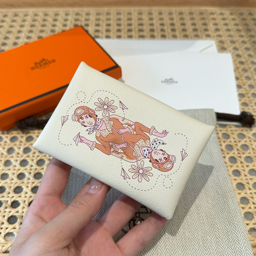 에르메스 Hermes Calvin duo Card Holder 10.5cm Chèvre i2 Nata/silver