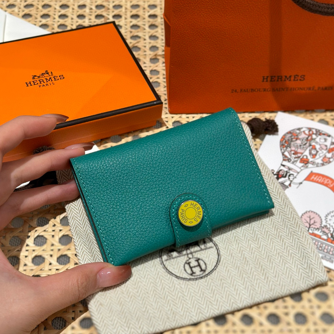 에르메스 Hermes R.M.S Card Holder 10.5cm Evercolor 6U Vert D'Eau and 9O Jaune De Naples/silver