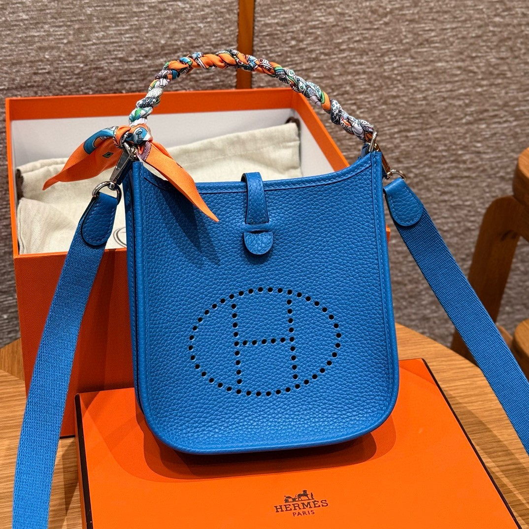 에르메스 Hermes Mini Evelyne 16cm clemence 17 Blue zelige/silver