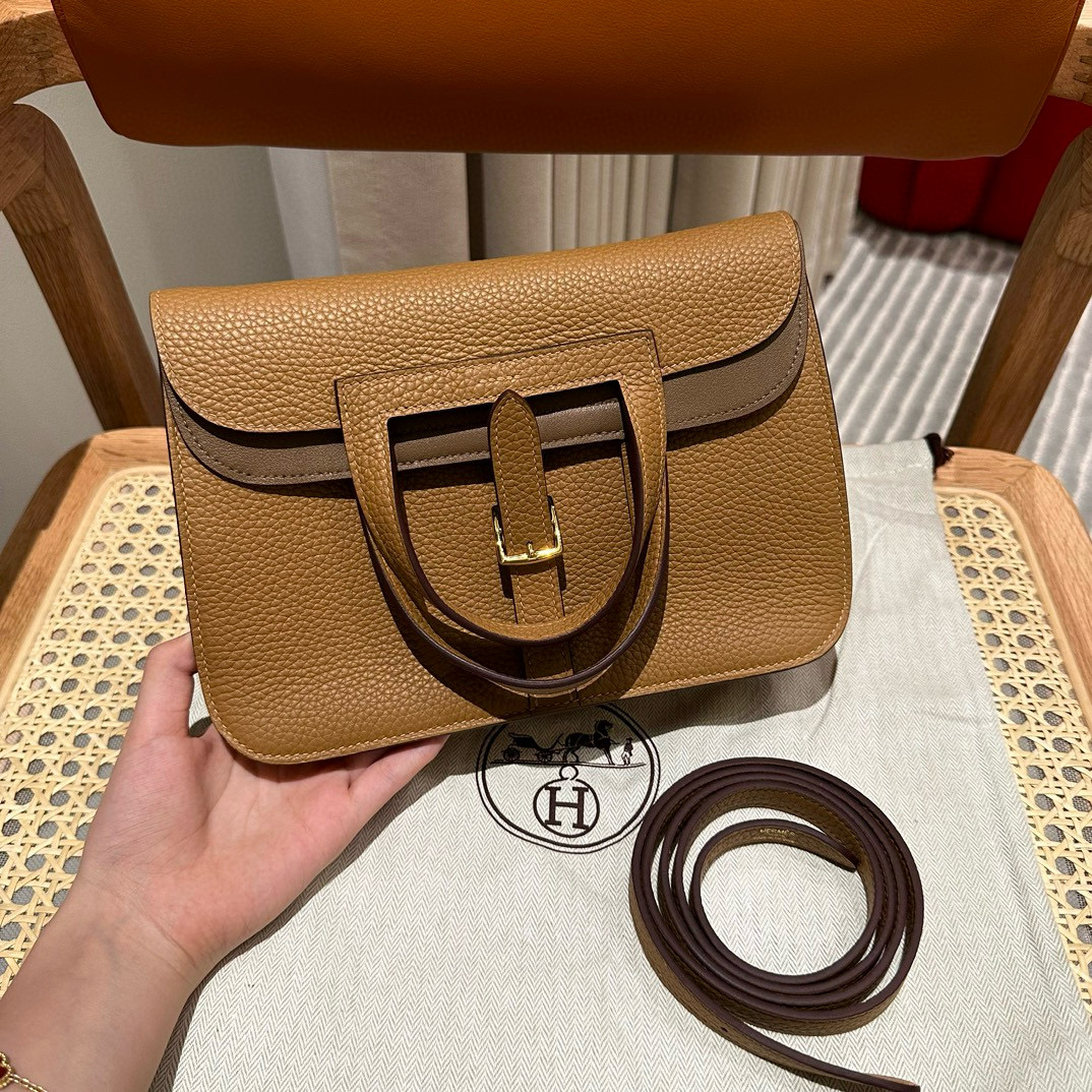 에르메스 Hermes Halzan 25cm clemence 4B Biscuit and 3G Alezan/gold