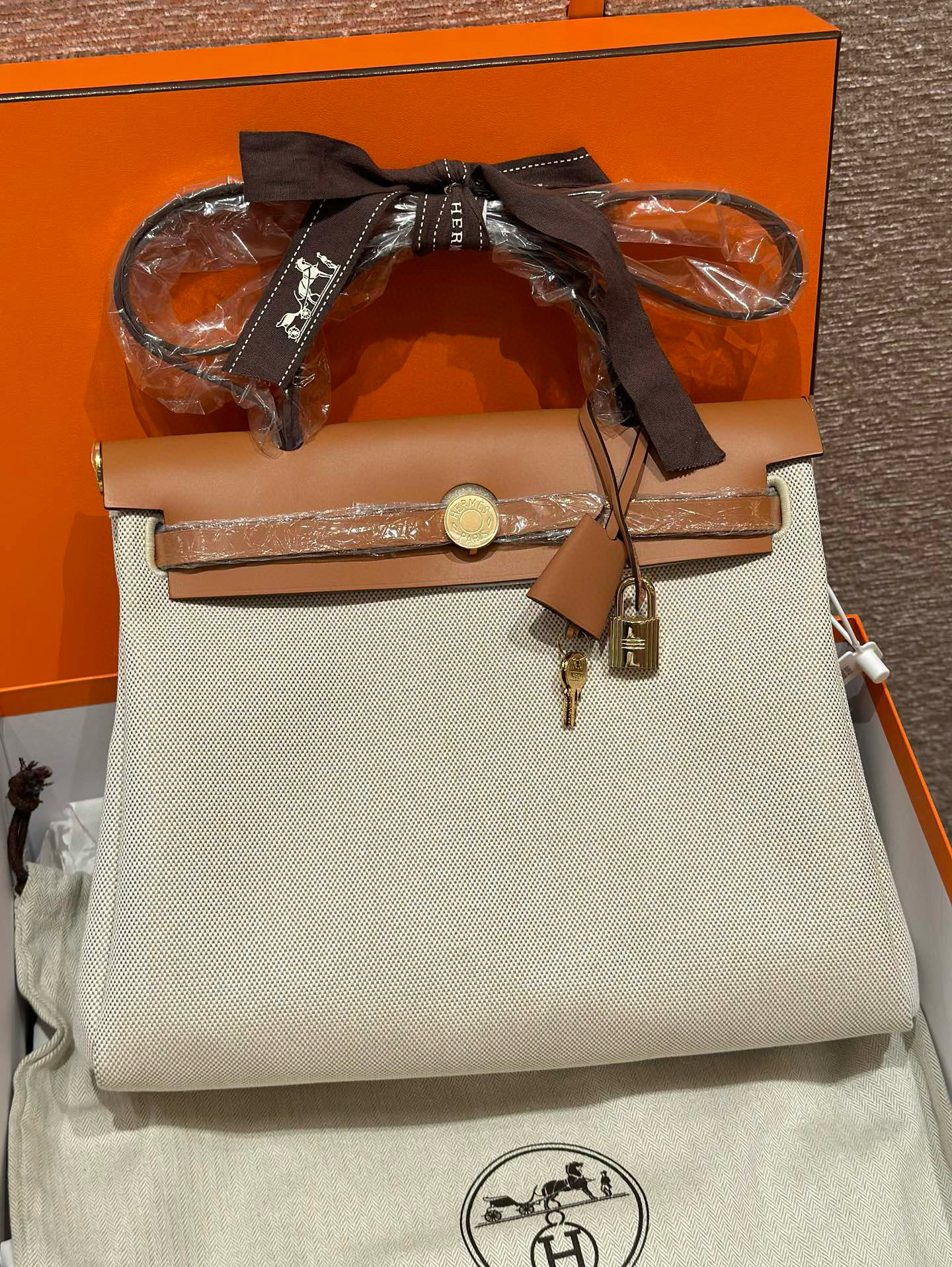 에르메스 Hermes Herbag 31cm canvas and cowhide 37 Gold/gold