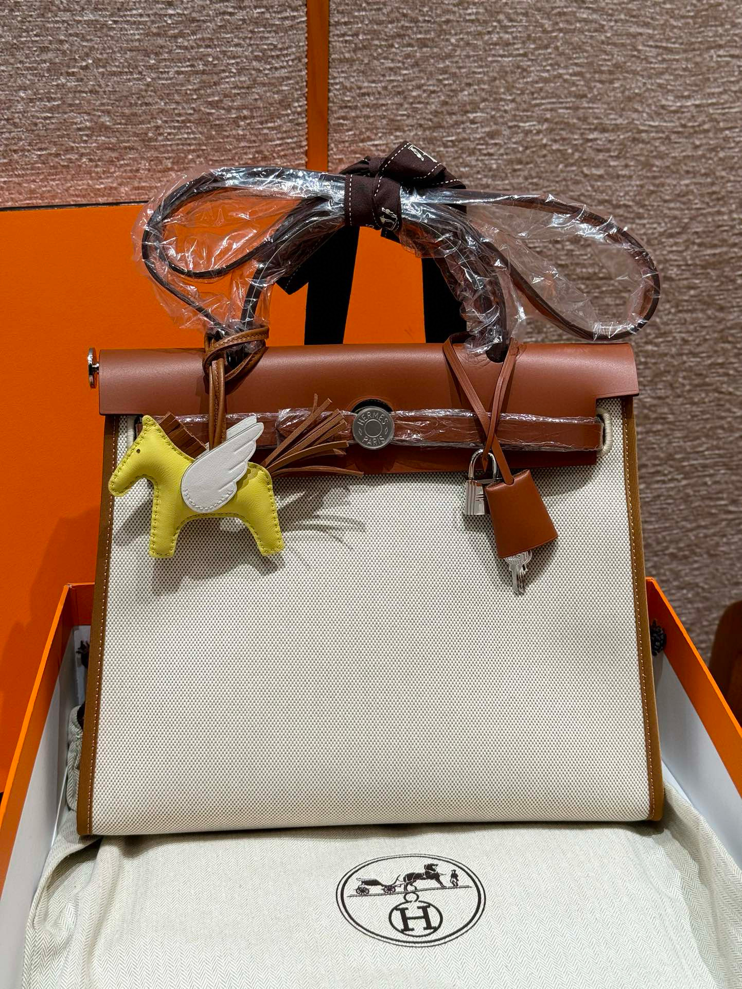에르메스 Hermes Herbag 31cm canvas and cowhide Coffee/silver
