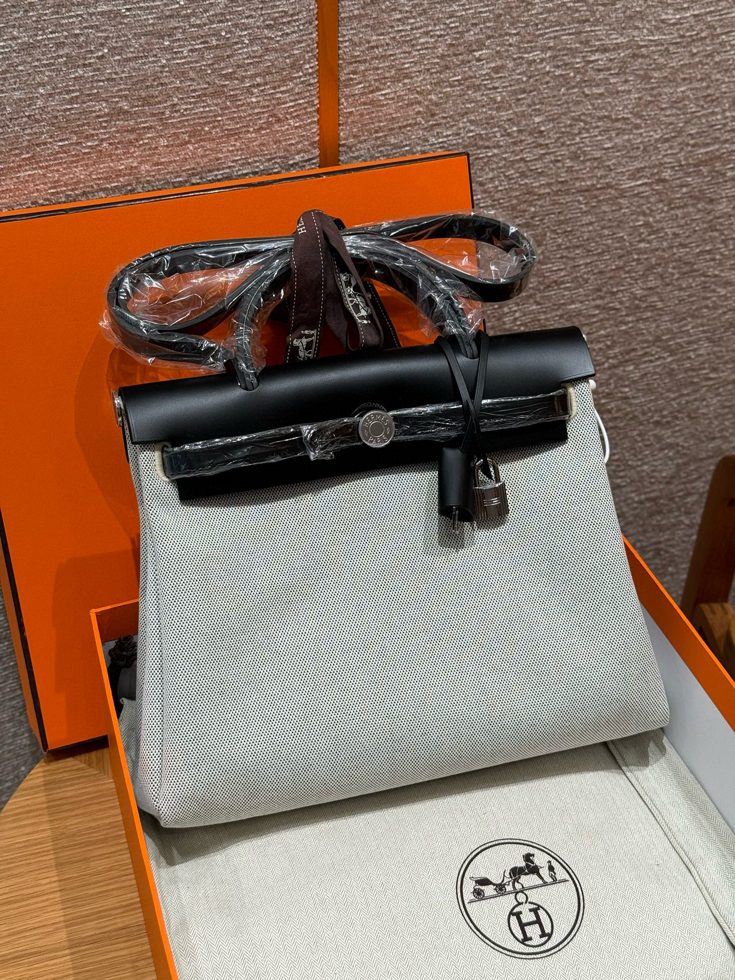 에르메스 Hermes Herbag 31cm canvas and cowhide Grey/silver