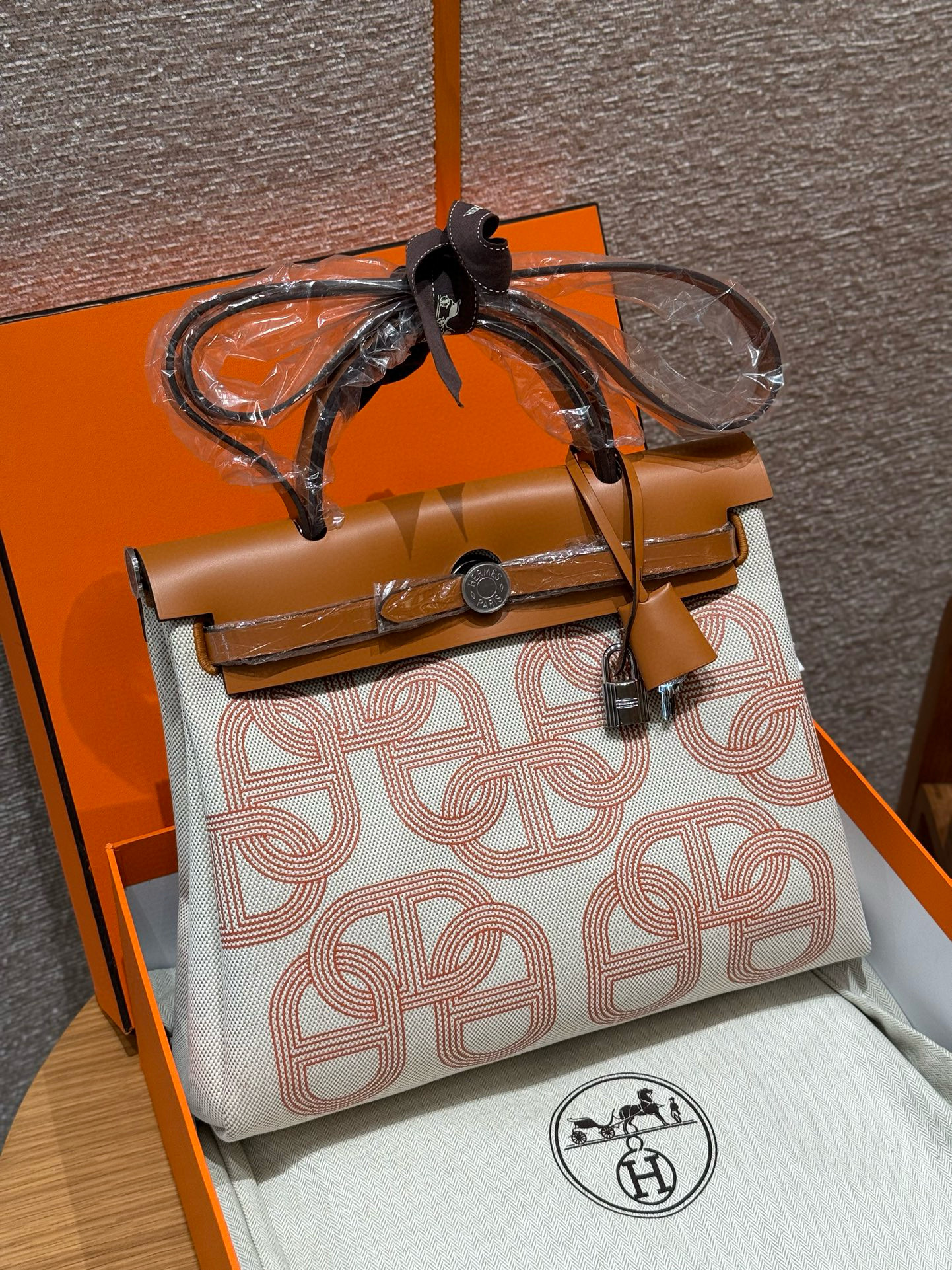 에르메스 Hermes Herbag 31cm canvas and cowhide orange mécano écru beige nature/silver