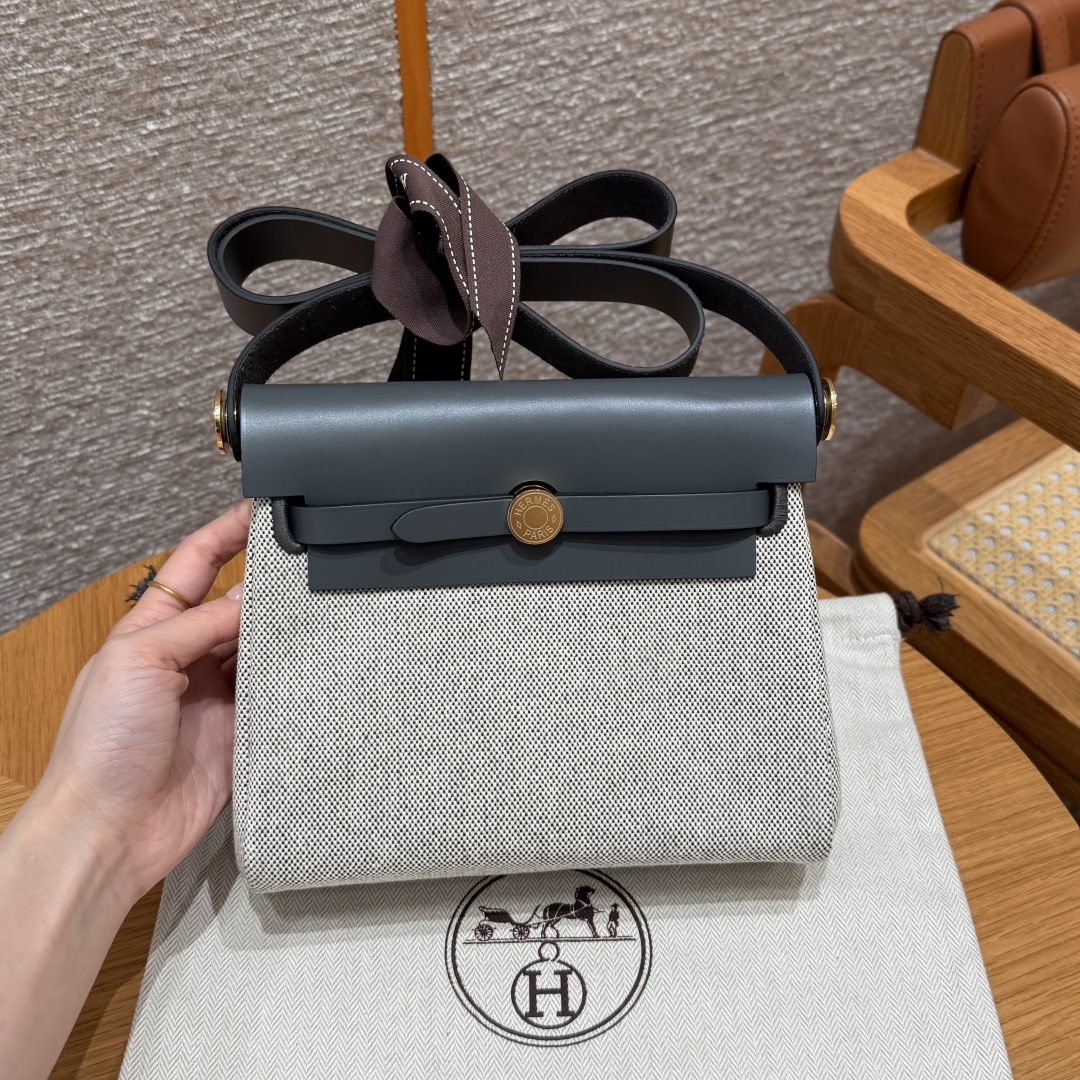 에르메스 Hermes Herbag mini 20cm canvas and cowhide ecru blue glacier ardoise/gold