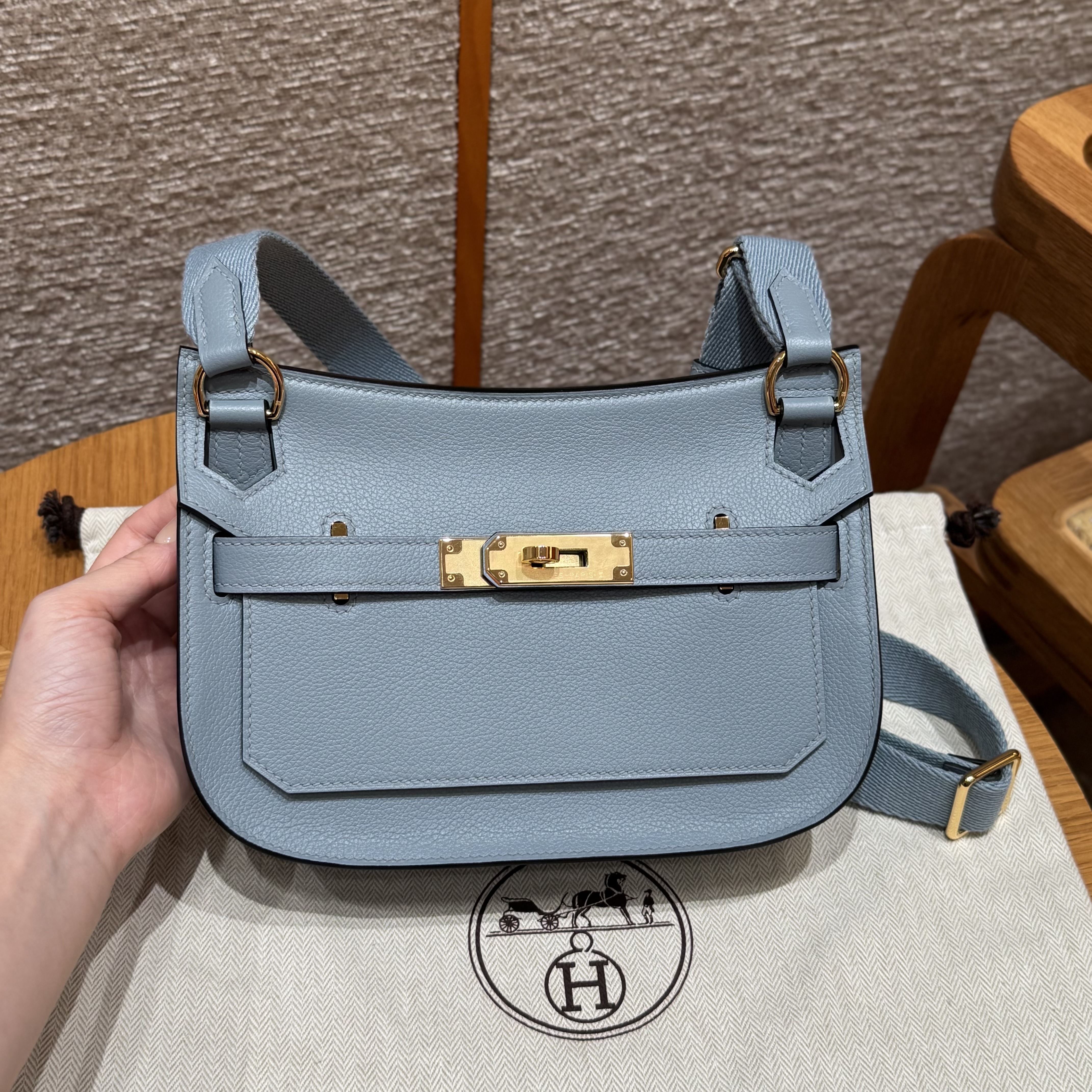 에르메스 Hermes Jypsiere mini 23cm evercolor J7 Blue Lin/gold