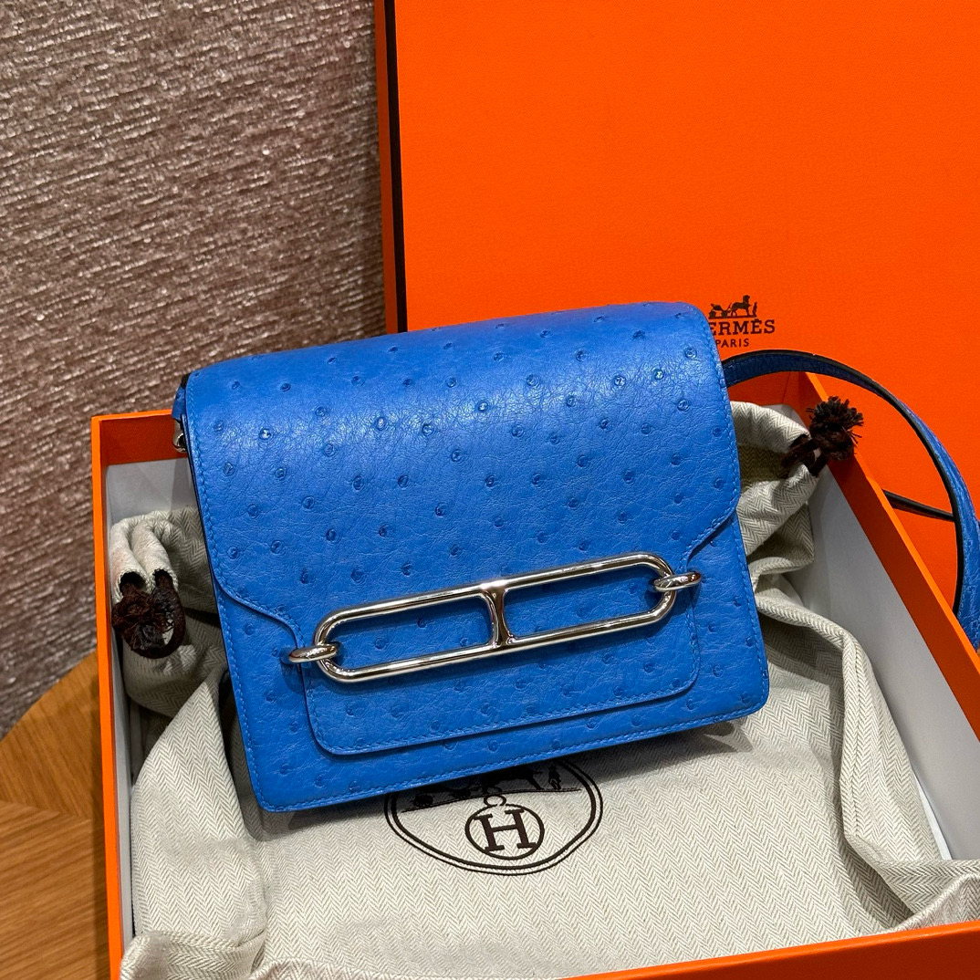 에르메스 Hermes Roulis 18cm KK ostrich O7 Bleuet/silver