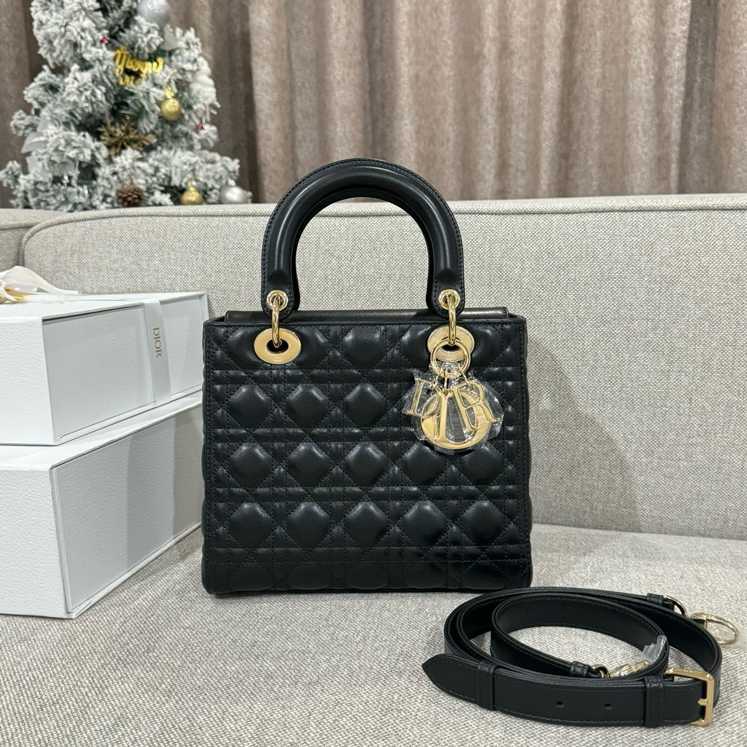 디올 Dior Lady 24cm 탑 핸들백 Black