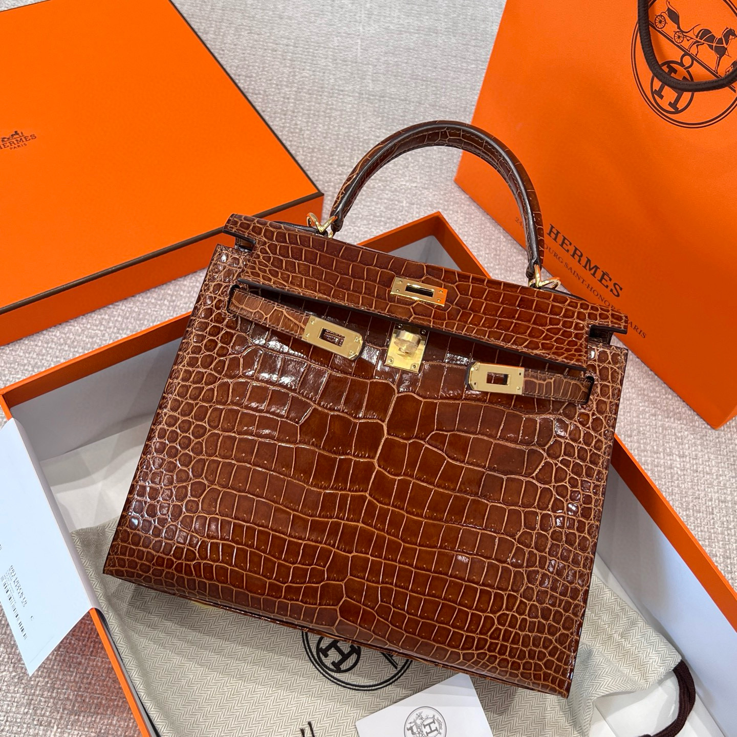 에르메스 Hermes Kelly 25cm France Hcp Porosus crocodile 33 Miel/gold