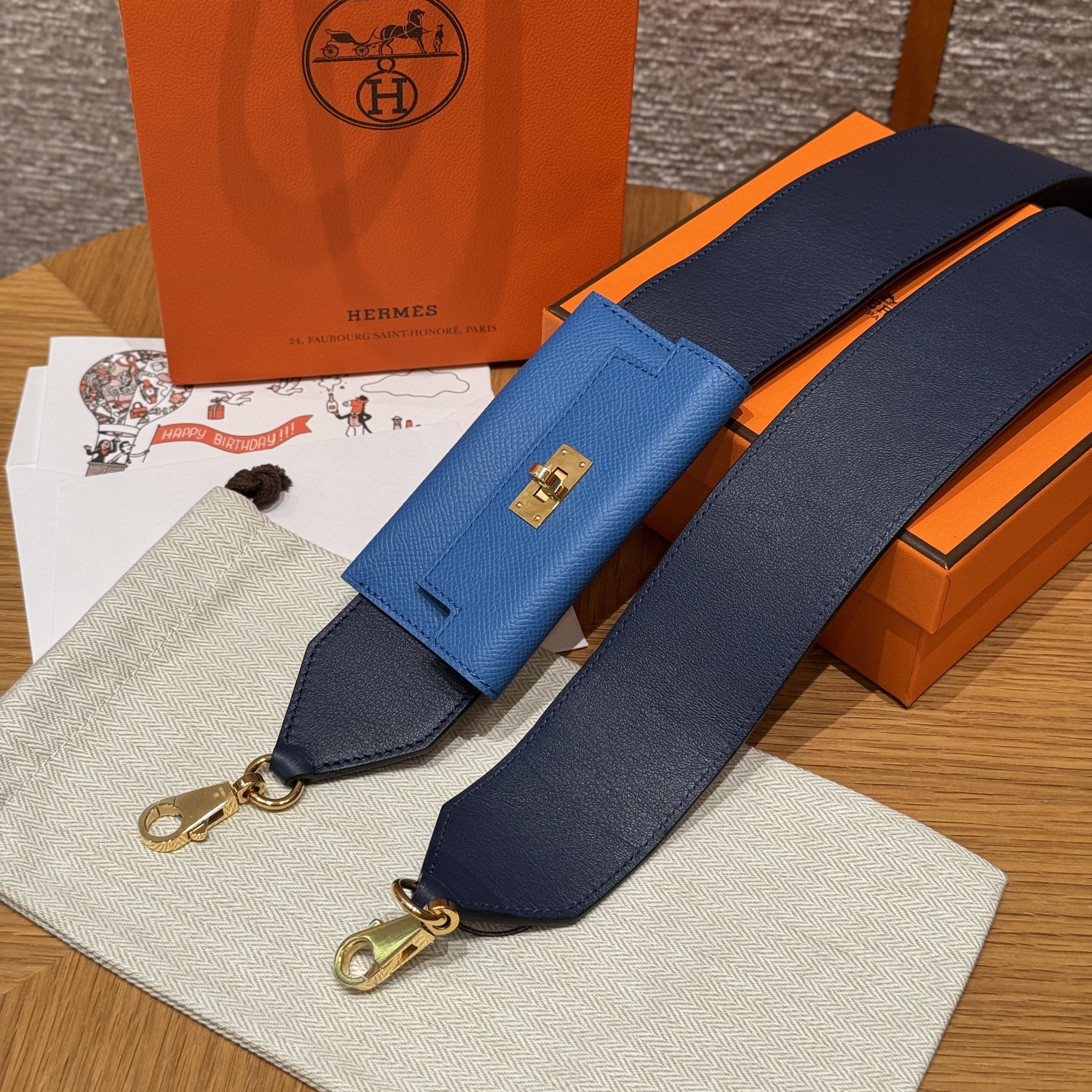 에르메스 Hermes Kelly Pocket strap Epsom and Swift 71 Blue France  and 73 Blue saphir/gold