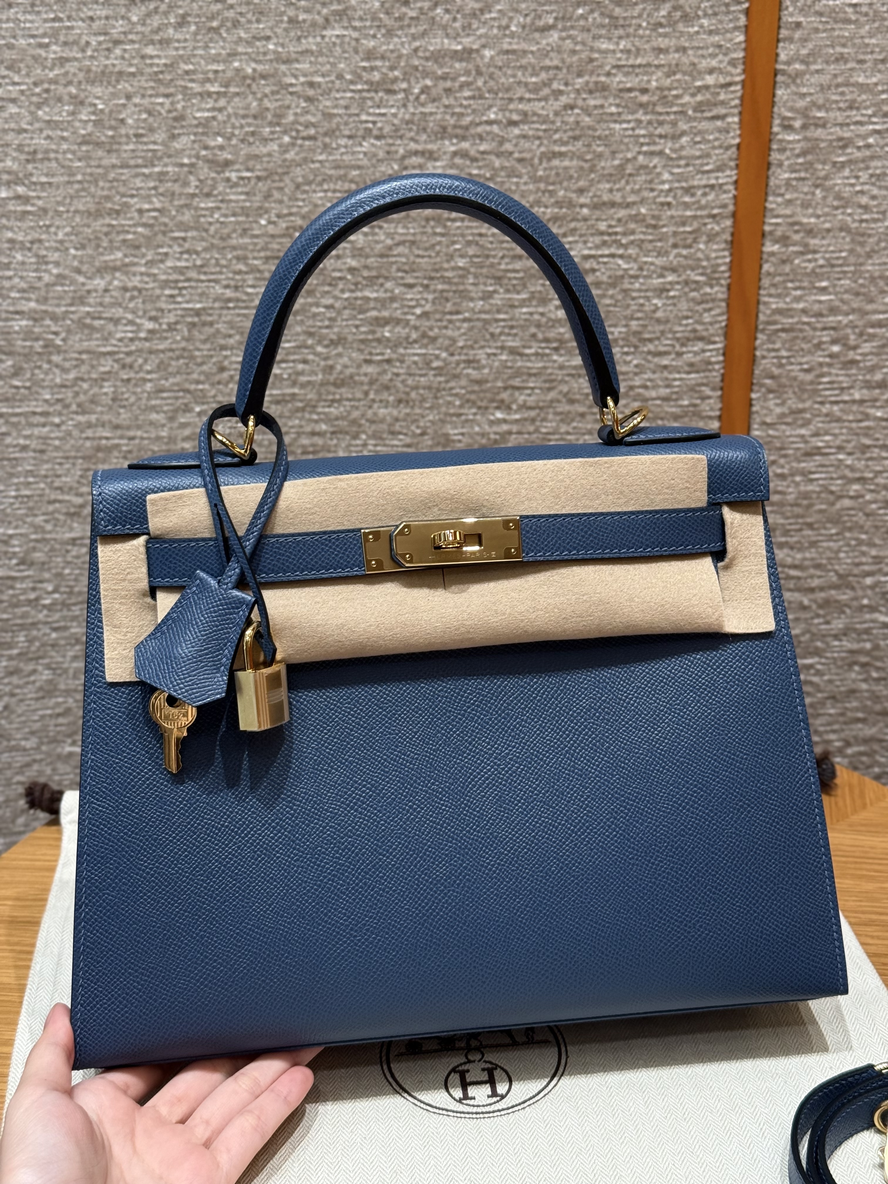 에르메스 Hermes Kelly 28cm Epsom R2 Blue agate/gold