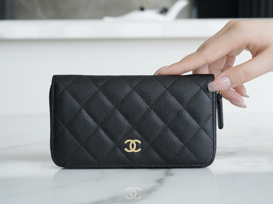 샤넬 Chanel Classic Long Zipped Wallet Black gold 15cm