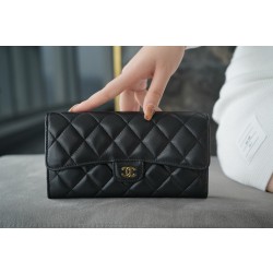 샤넬 Chanel Classic Long Flap Wallet Black gold 19.5cm