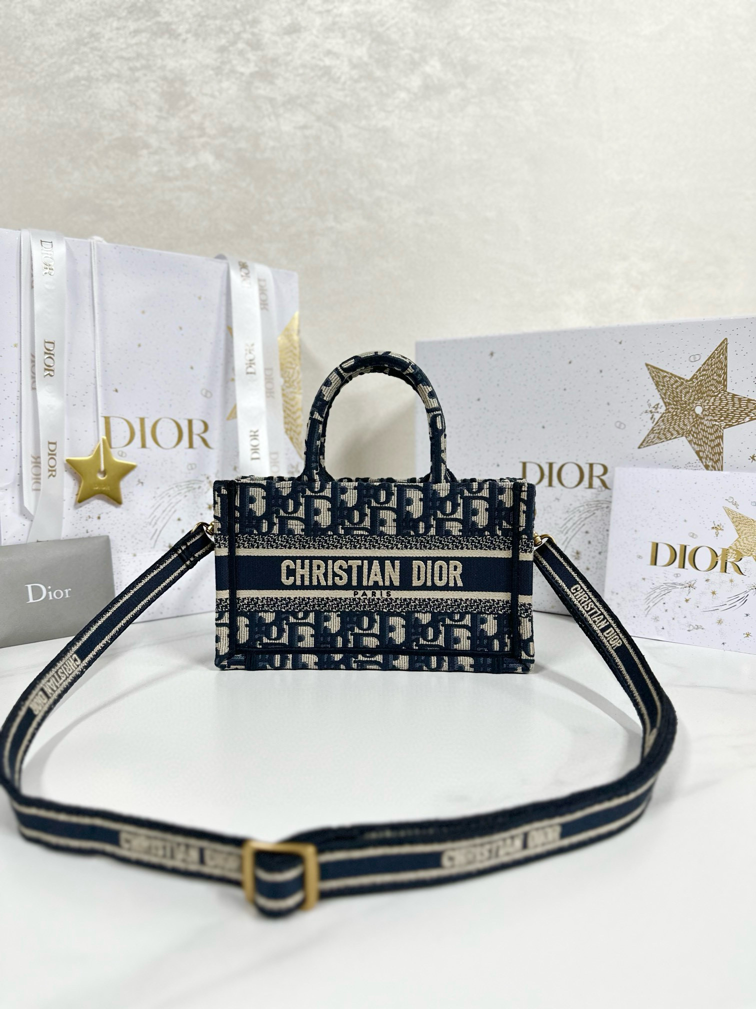 디올 Dior Mini Dior Book Tote Oblique Jacquard Blue 21.5cm