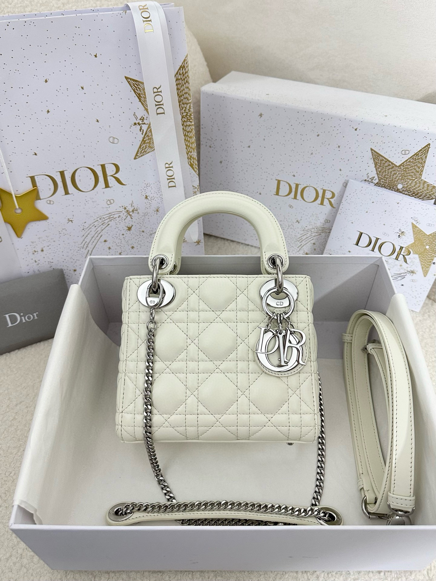디올 Dior Mini Lady Dior Bag White silver 17cm