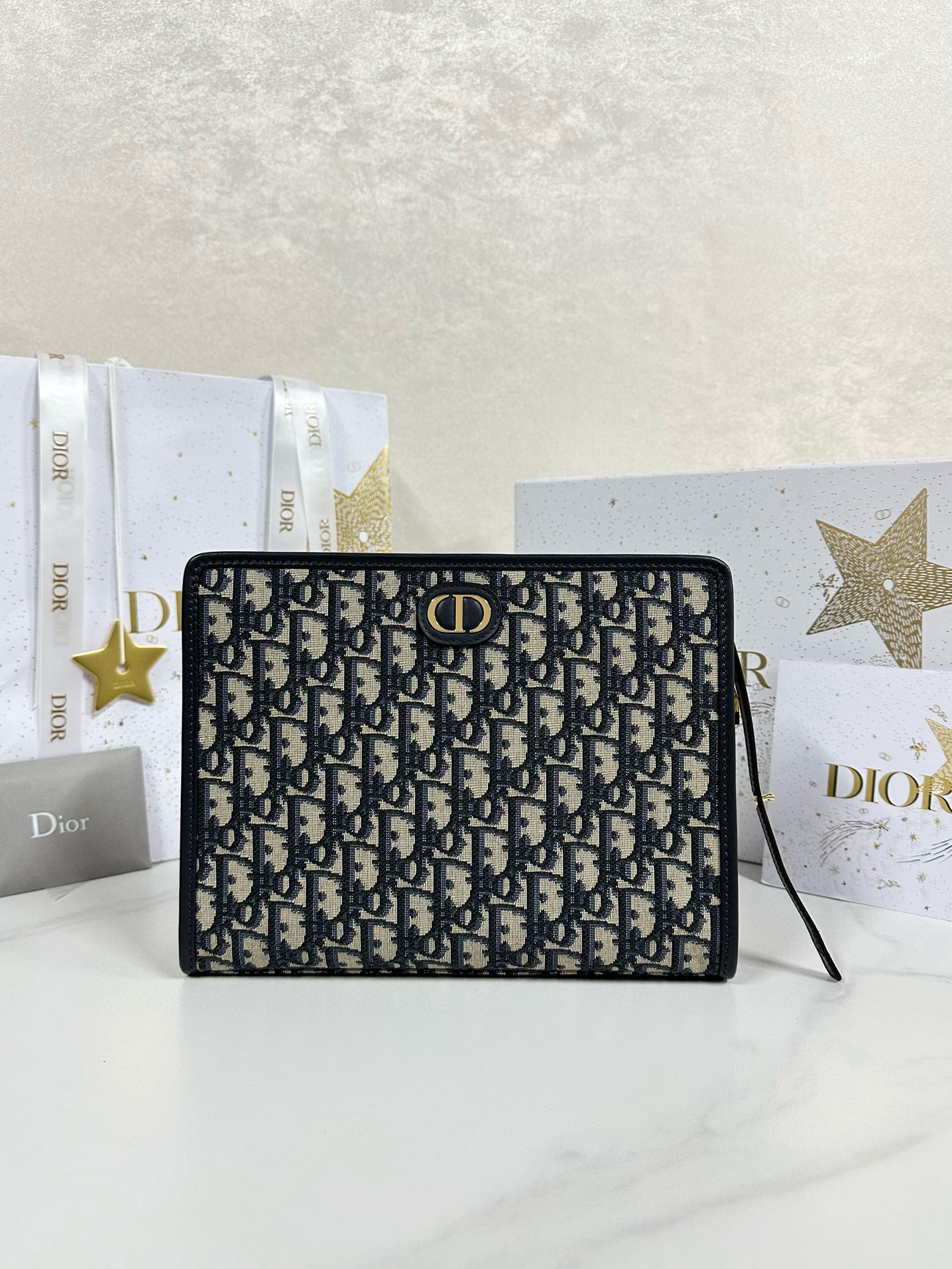 디올 Dior 30 Montaigne Dea Pouch Oblique Jacquard Blue 26cm