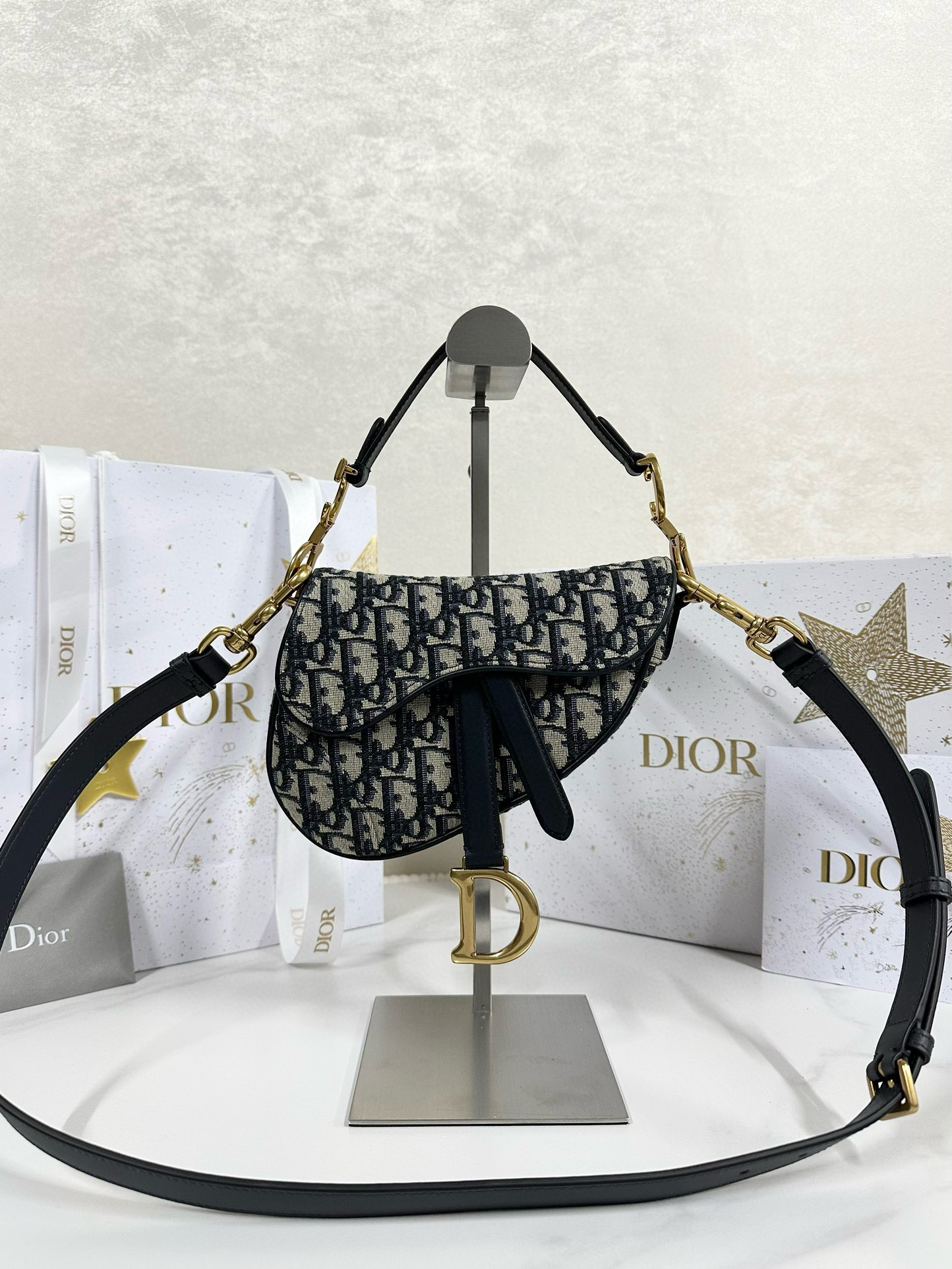 디올 Dior Saddle Bag Oblique Jacquard Blue 21cm
