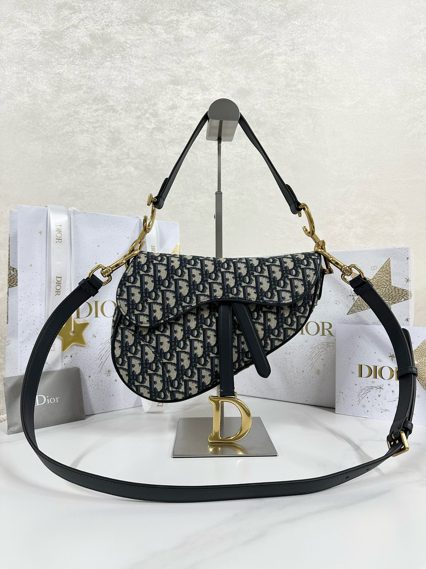 디올 Dior Saddle Bag Oblique Jacquard Blue 25.5cm