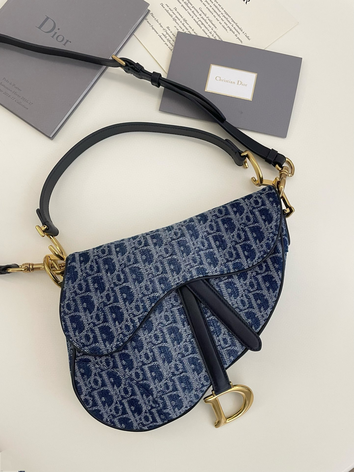디올 Dior Saddle Bag with Strap Blue Denim Oblique Jacquard 25.5cm