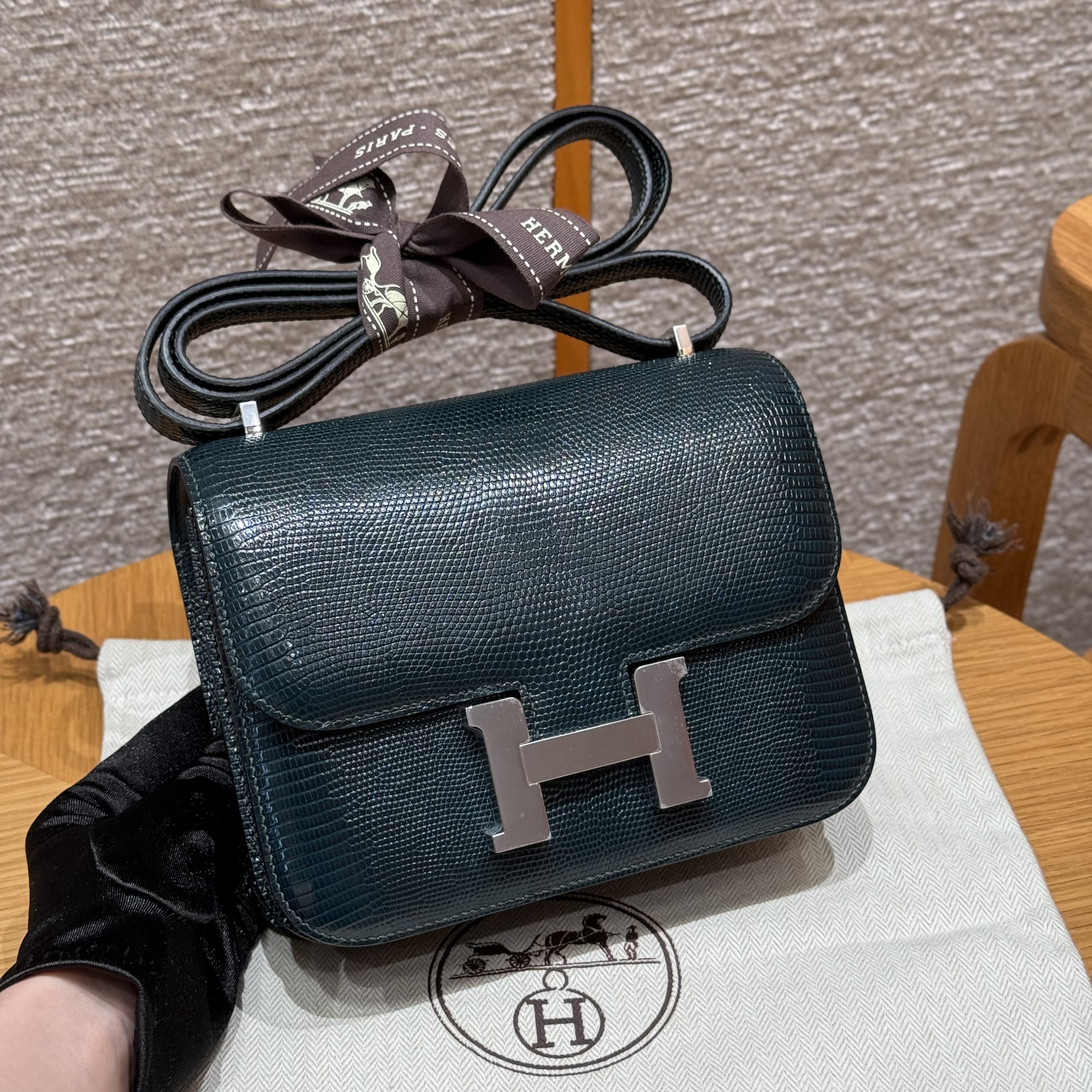 에르메스 Hermes Constance 19cm Lizard 60 Vert cypress/silver