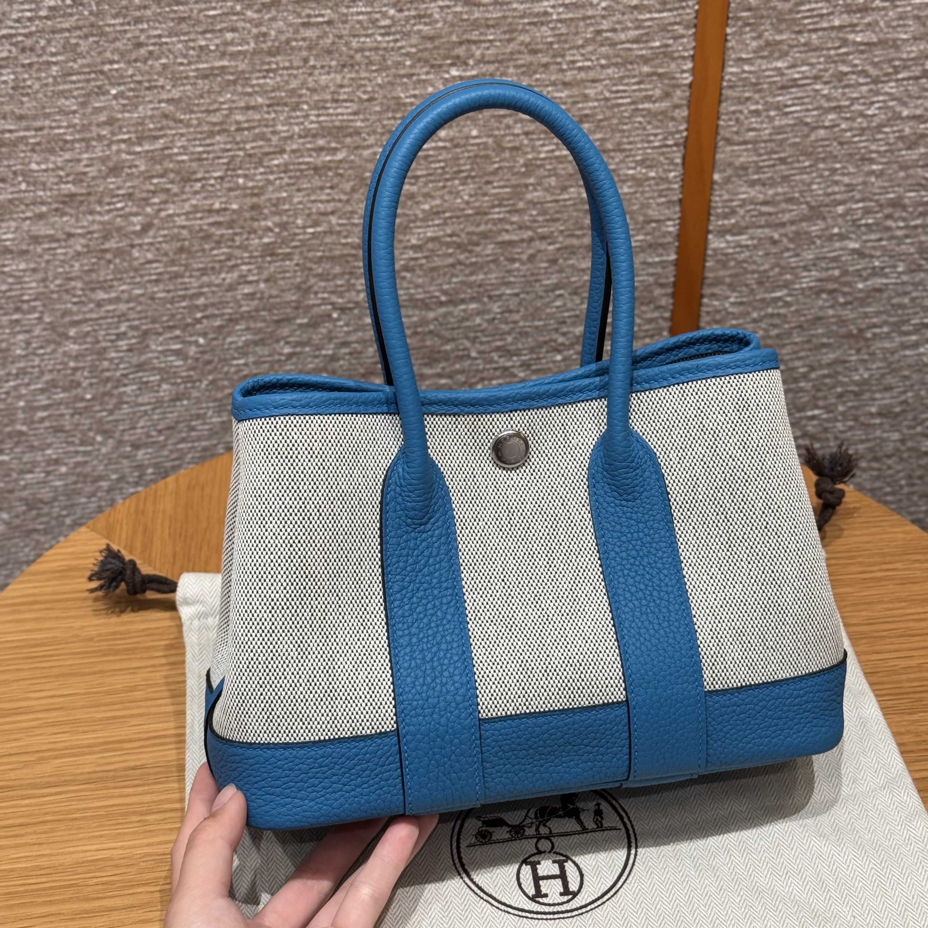 에르메스 Hermes Garden party mini 23cm Canbas and Negonda ecru noir blue outremer/silver