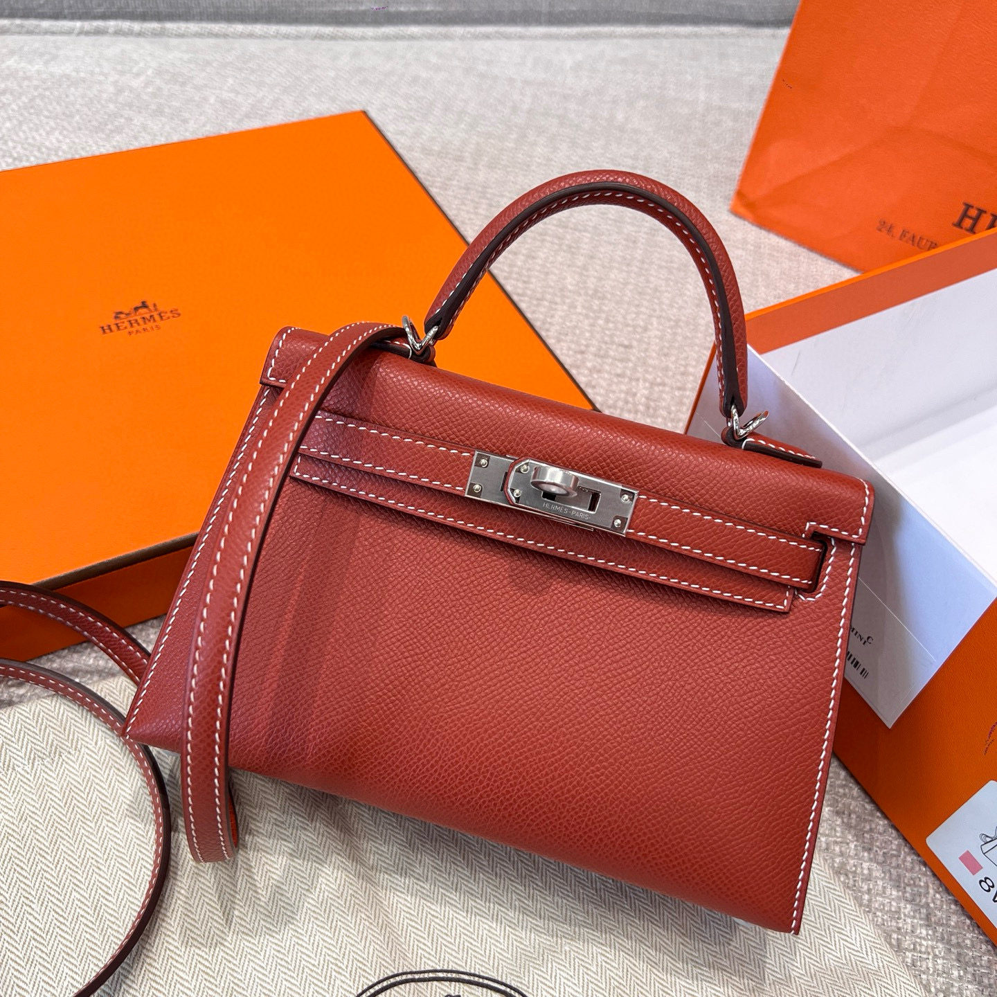 에르메스 Hermes Mini Kelly Epsom 36 Brique/silver