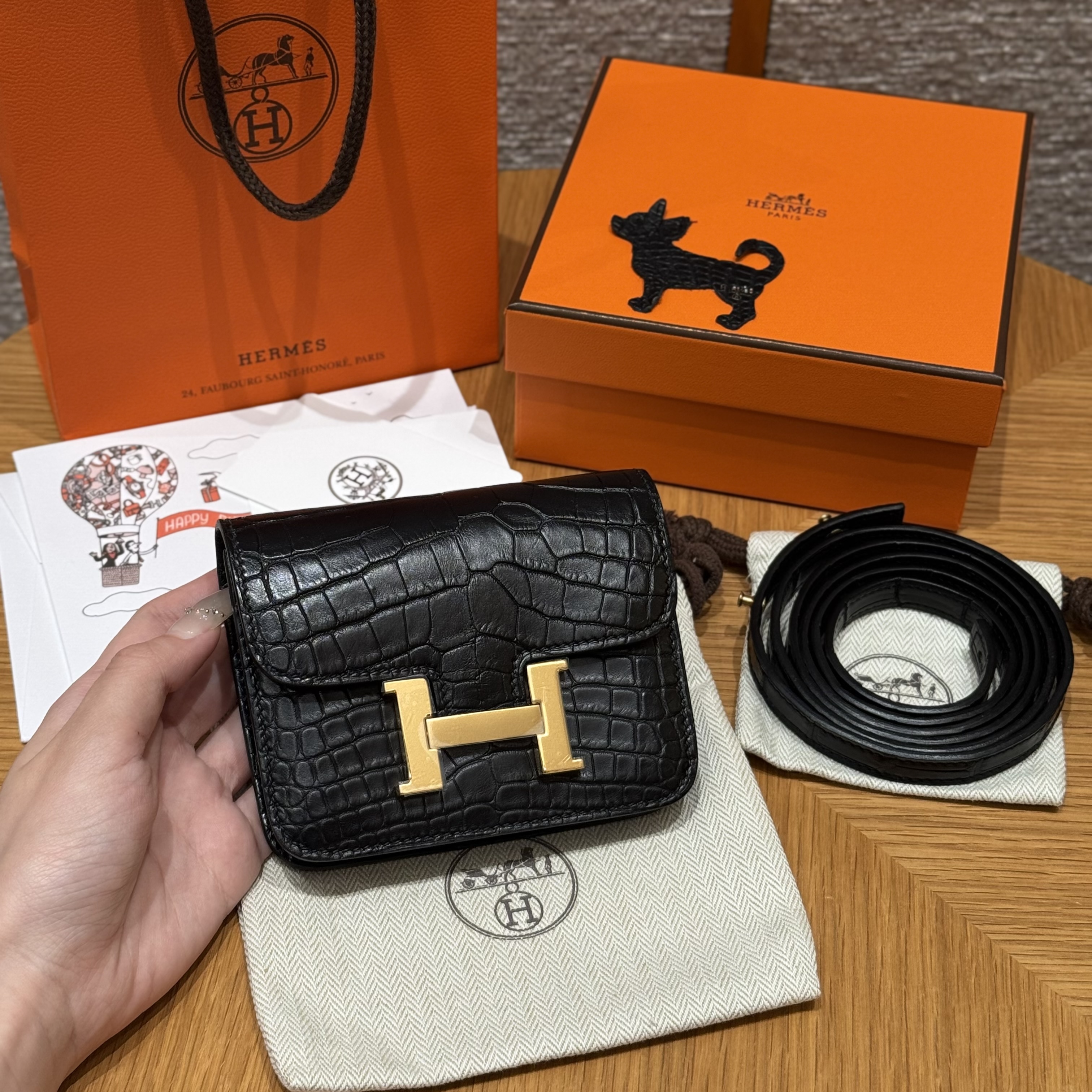 에르메스 Hermes Constance slim 12.4cm Matte Alligator 89 Noir/gold