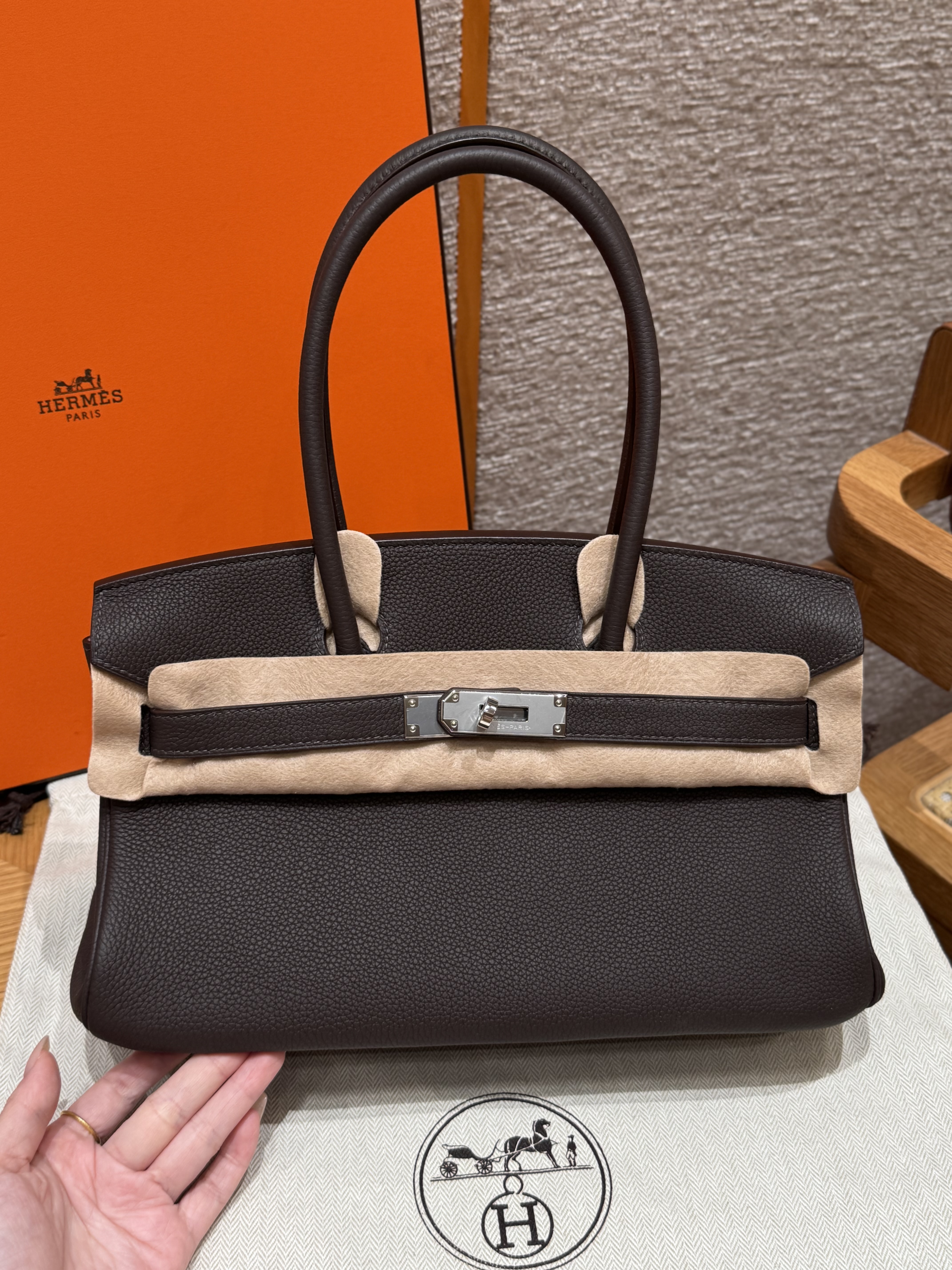 에르메스 Hermes Shoulder Birkin 29cm Evercolor 46 Ebene and 3Q Rose Sakura/silver