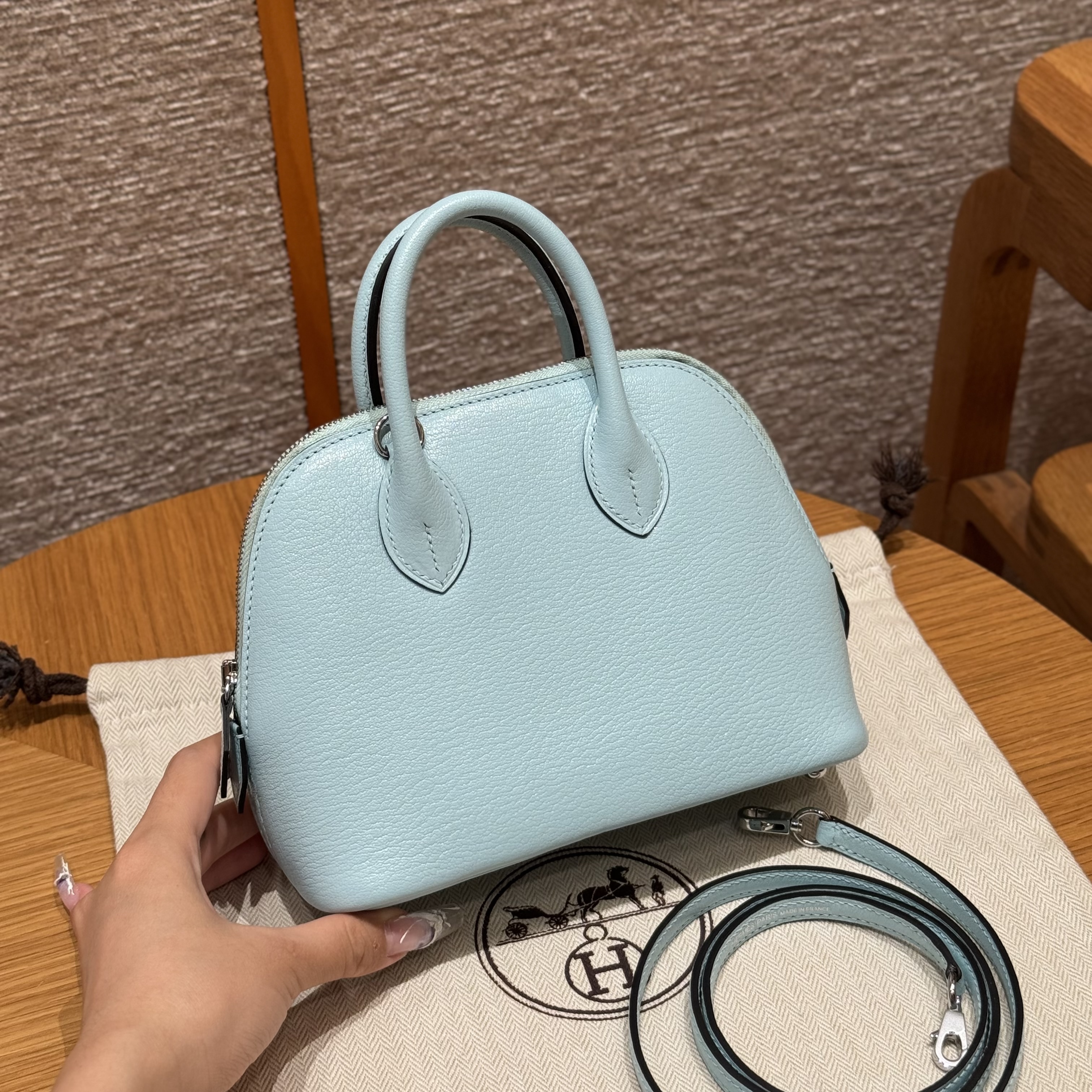 에르메스 Hermes Mini Bolide 18cm chèvre U2 Blue Zephyr/silver