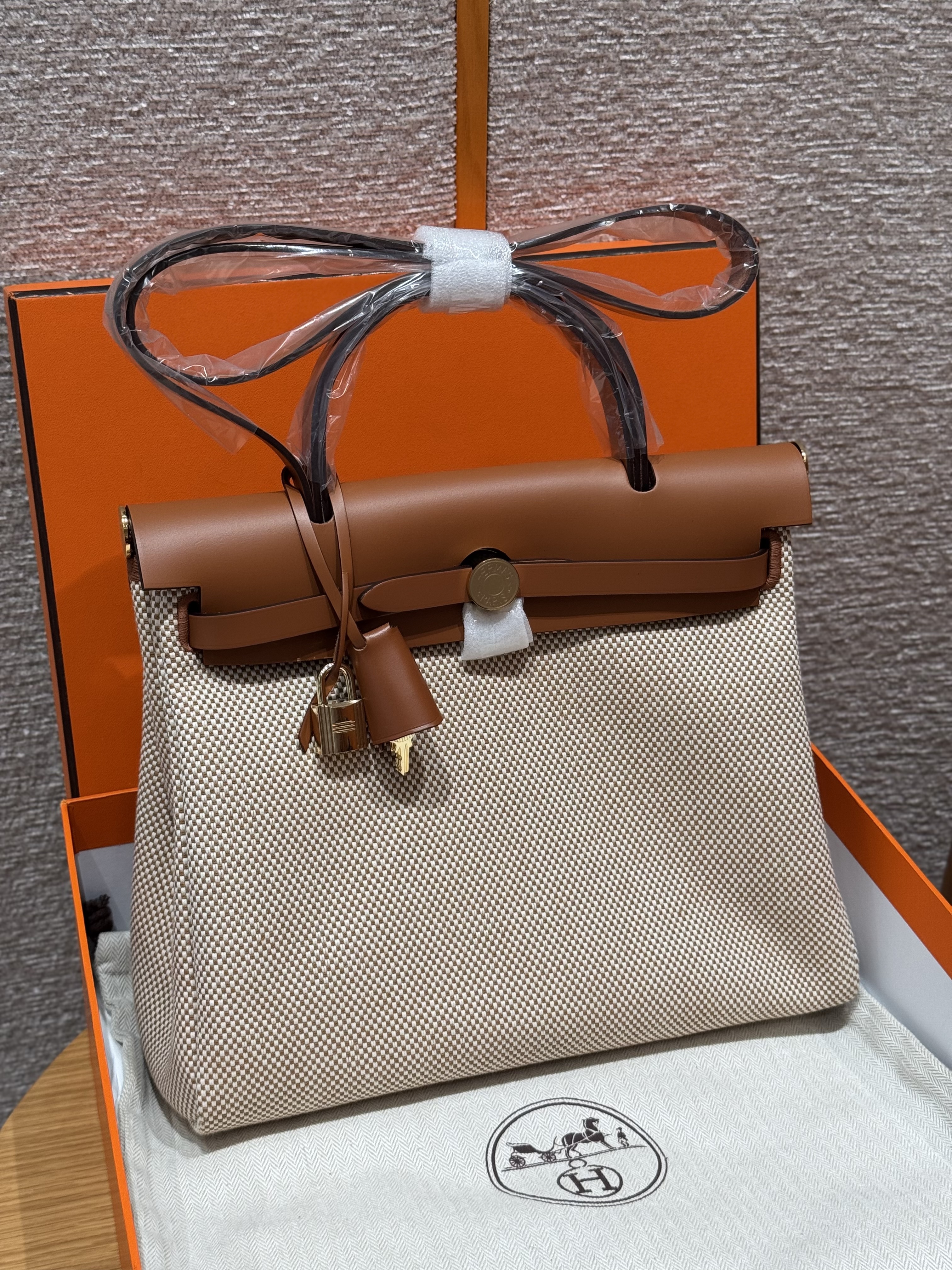 에르메스 Hermes Herbag 31cm canvas and cowhide Ecru Beige Fauve/gold